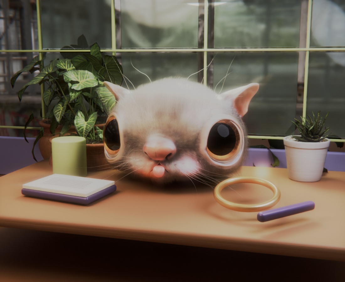 Miso, a furry research creature, at a sunlit greenhouse workbench with a brass magnifier and research notebook